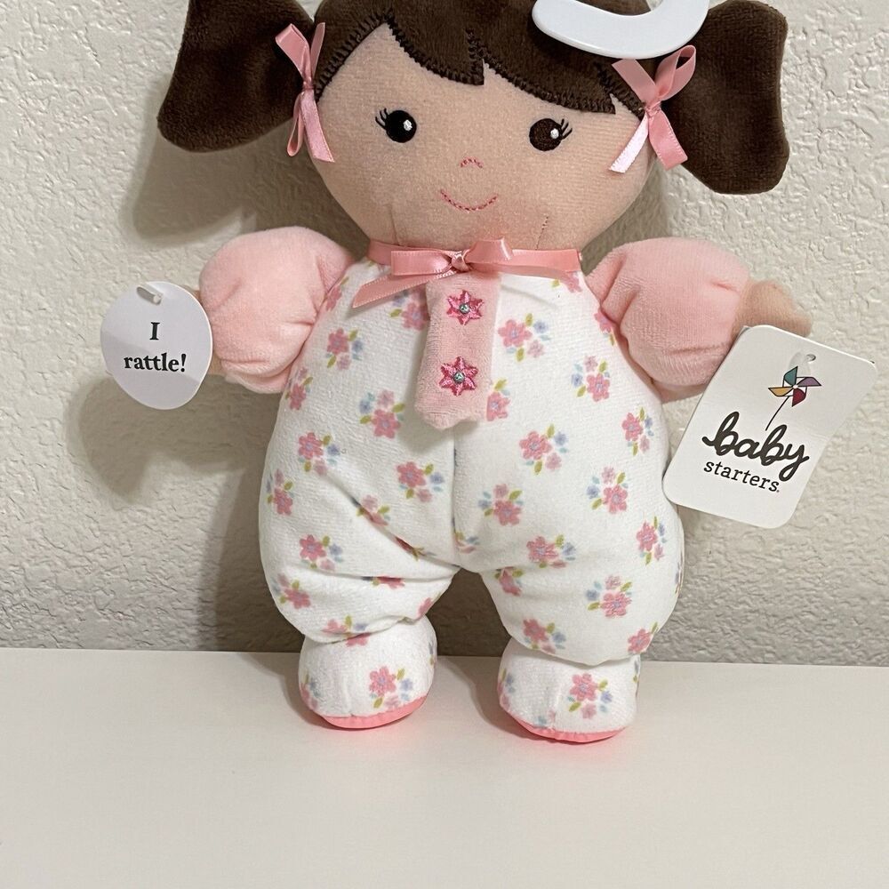 Baby Starters Plush Brunette Olivia Baby Doll with Rattle Lovey Pink Floral 10" - Picture 3 of 10